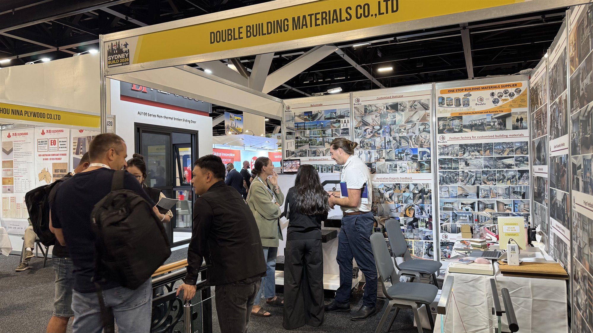 A crowd of Australian builders and renovators gathered at the Double Building Materials stand during Sydney Build 2026